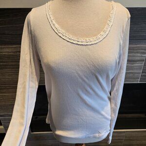 Sandwich XL White Ribbed Long Sleeve Top Scoop Neck Frill Trim Layering Tee
